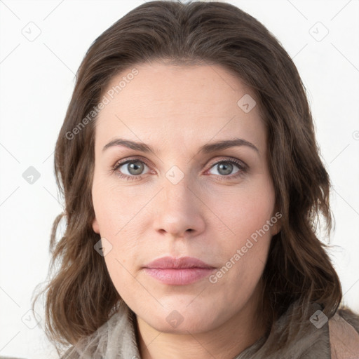 Neutral white young-adult female with medium  brown hair and grey eyes