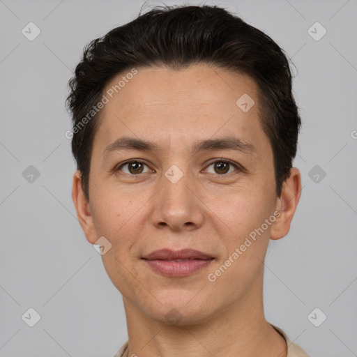 Joyful white adult male with short  brown hair and brown eyes