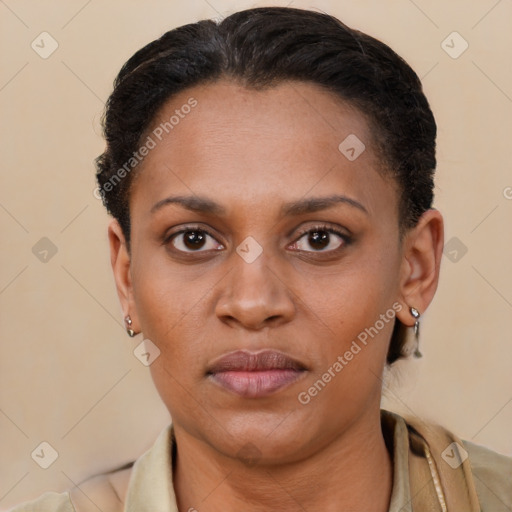 Neutral black young-adult female with short  brown hair and brown eyes
