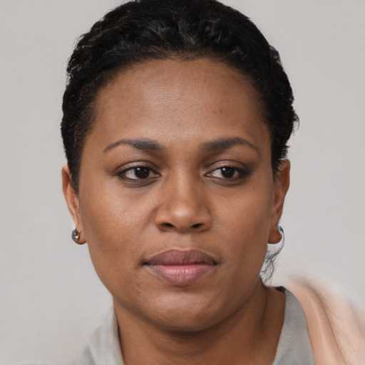 Neutral black young-adult female with short  black hair and brown eyes