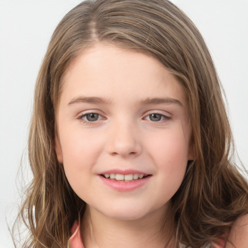 Joyful white child female with long  brown hair and brown eyes