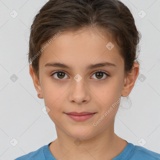 Joyful white child female with short  brown hair and brown eyes