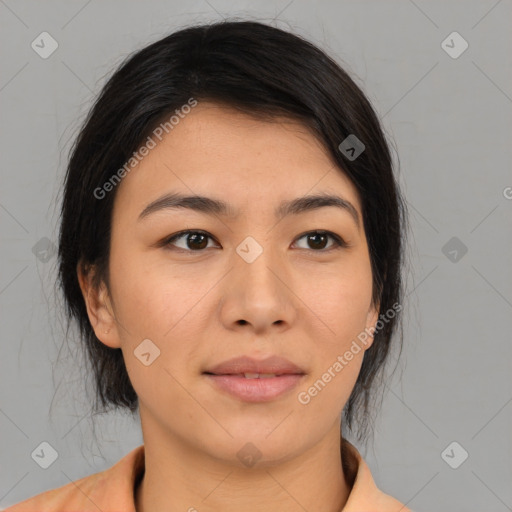 Neutral asian young-adult female with medium  black hair and brown eyes