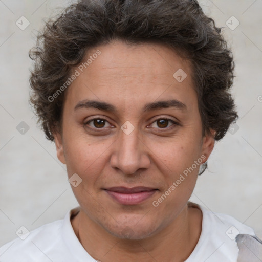 Joyful white adult female with short  brown hair and brown eyes