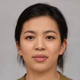 Neutral asian young-adult female with medium  brown hair and brown eyes