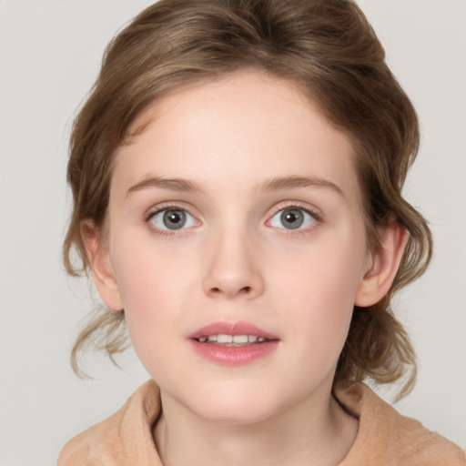 Neutral white child female with medium  brown hair and grey eyes