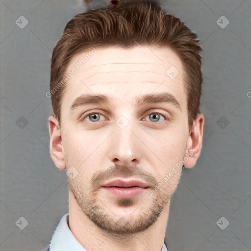 Neutral white young-adult male with short  brown hair and grey eyes