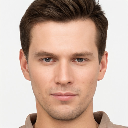 Neutral white young-adult male with short  brown hair and brown eyes