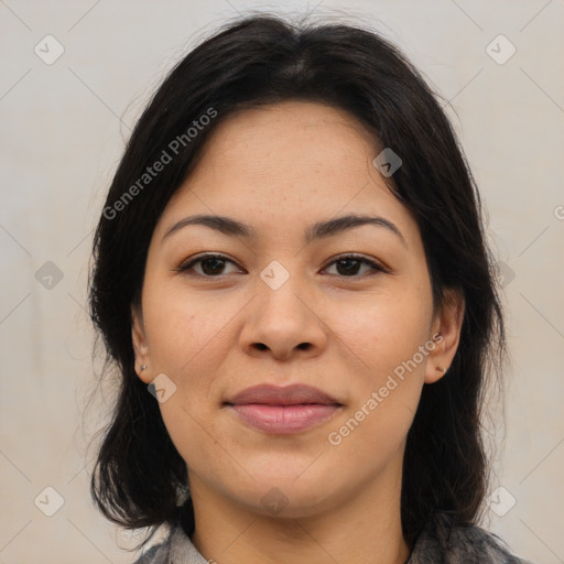 Joyful asian young-adult female with medium  brown hair and brown eyes