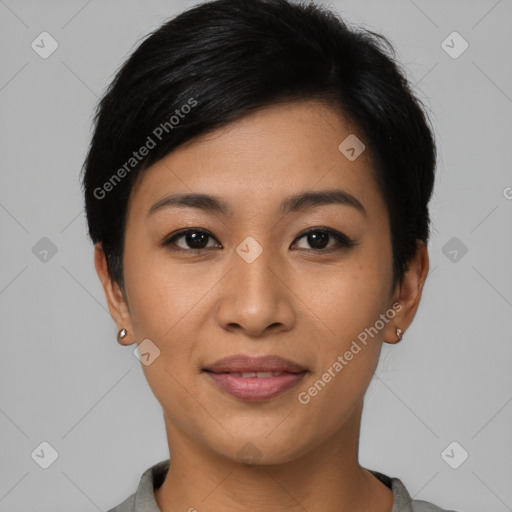 Joyful asian young-adult female with short  black hair and brown eyes