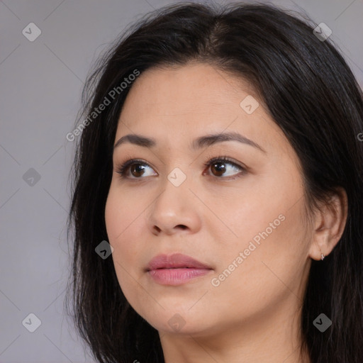 Neutral white young-adult female with long  brown hair and brown eyes