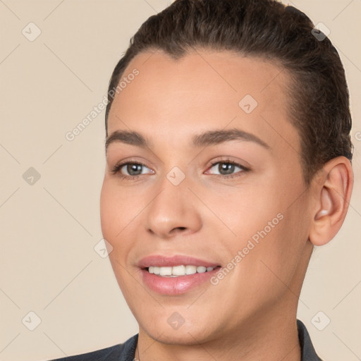 Joyful white young-adult female with short  brown hair and brown eyes