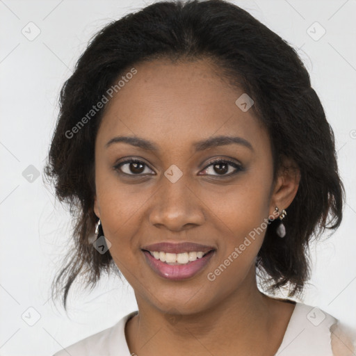 Joyful black young-adult female with medium  black hair and brown eyes