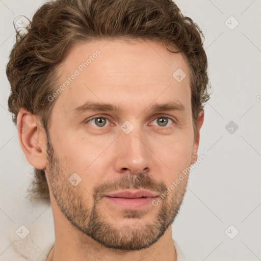 Neutral white young-adult male with short  brown hair and grey eyes