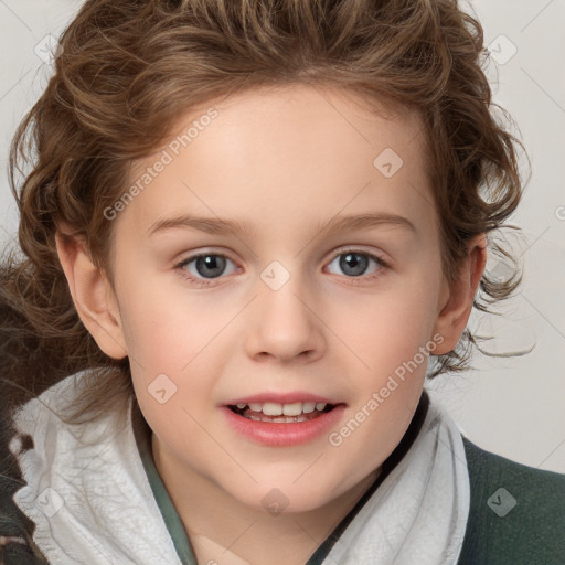 Joyful white child female with medium  brown hair and blue eyes