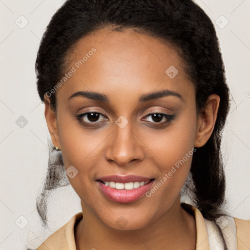 Joyful latino young-adult female with long  brown hair and brown eyes