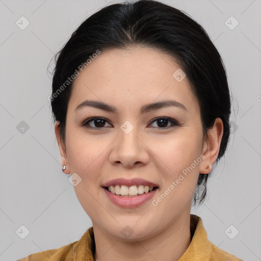 Joyful asian young-adult female with medium  brown hair and brown eyes