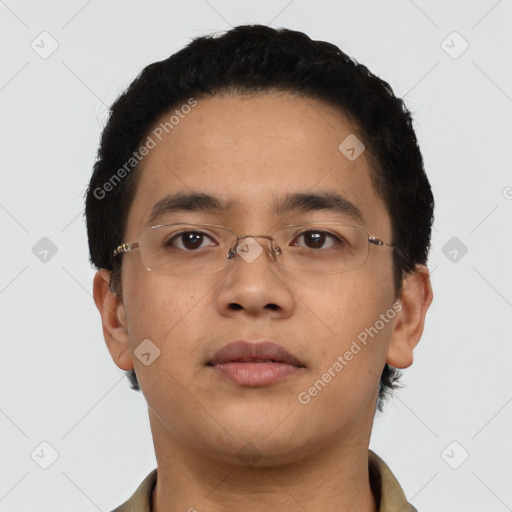 Neutral asian young-adult male with short  black hair and brown eyes