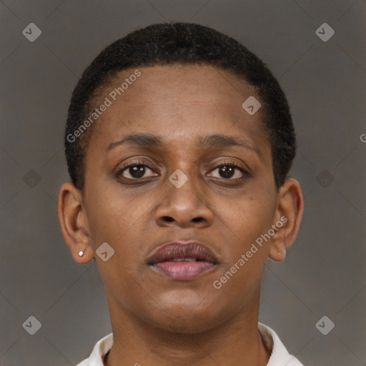 Neutral black young-adult female with short  brown hair and brown eyes