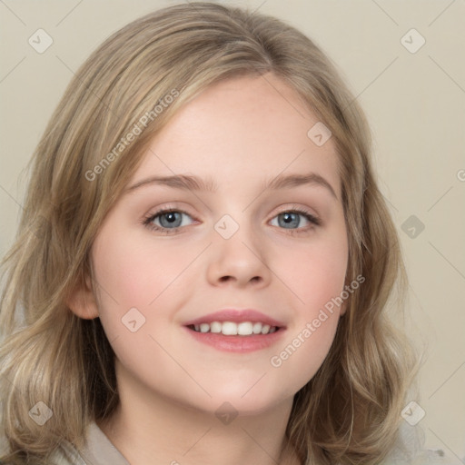 Joyful white child female with medium  brown hair and grey eyes