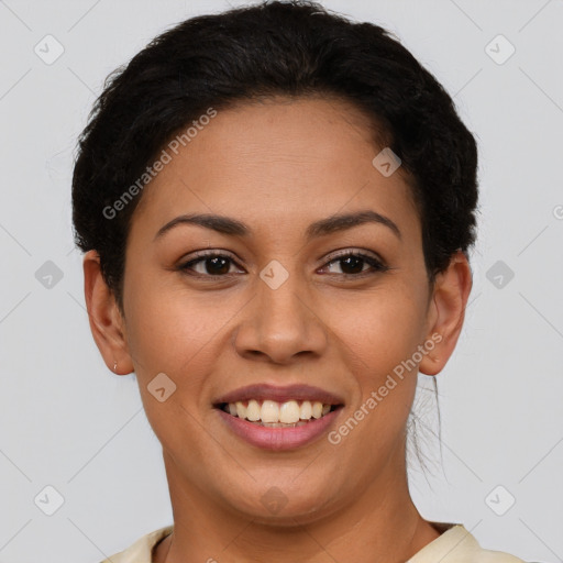 Joyful latino young-adult female with short  brown hair and brown eyes