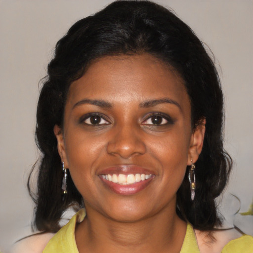 Joyful black young-adult female with medium  black hair and brown eyes