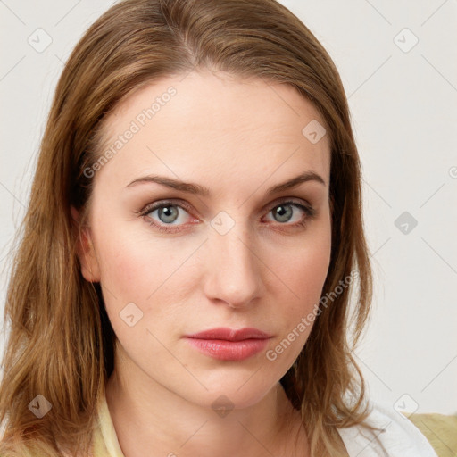 Neutral white young-adult female with medium  brown hair and blue eyes