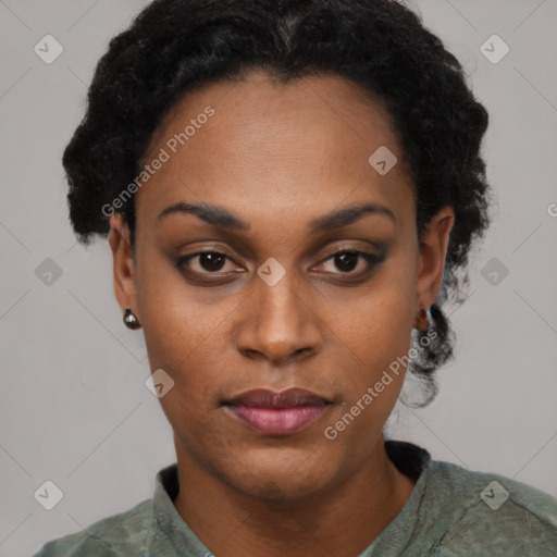 Neutral black young-adult female with short  black hair and brown eyes