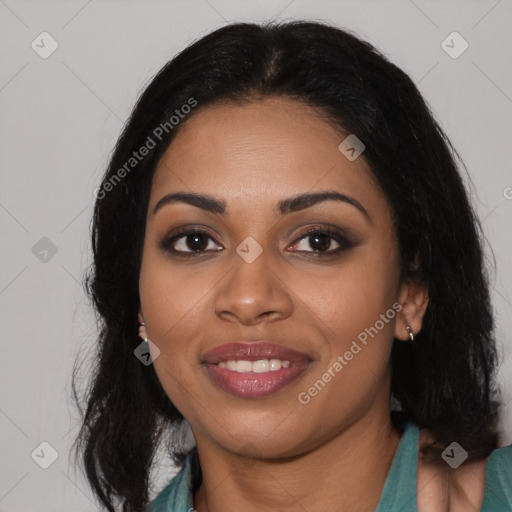 Joyful asian young-adult female with long  black hair and brown eyes