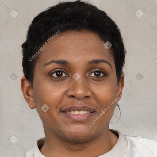 Joyful black young-adult female with short  brown hair and brown eyes