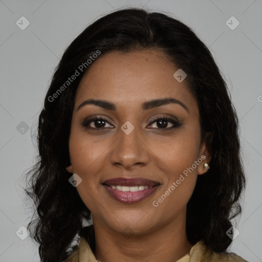 Joyful black young-adult female with medium  brown hair and brown eyes