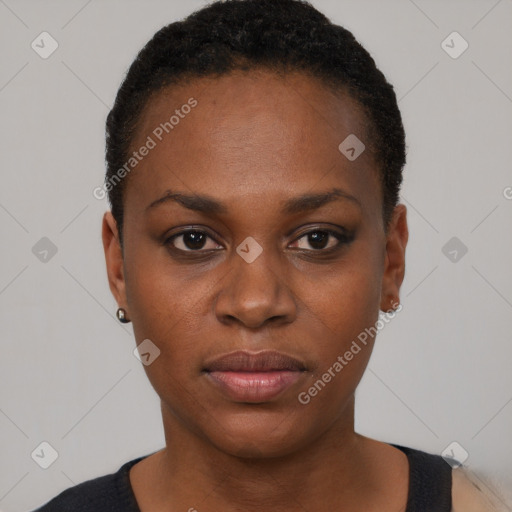 Neutral black young-adult female with short  black hair and brown eyes