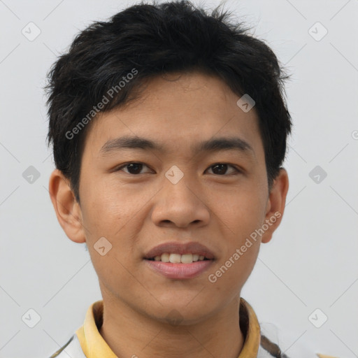Joyful asian young-adult male with short  brown hair and brown eyes