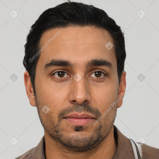 Neutral latino young-adult male with short  black hair and brown eyes