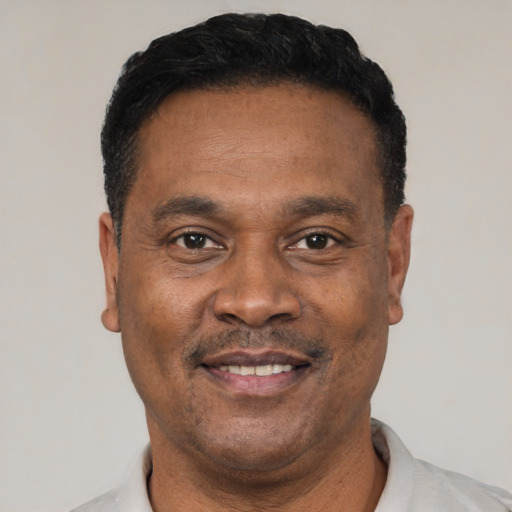Joyful latino adult male with short  black hair and brown eyes