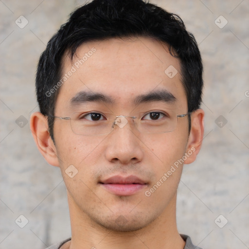 Neutral asian young-adult male with short  black hair and brown eyes