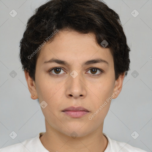 Neutral white young-adult female with short  brown hair and brown eyes