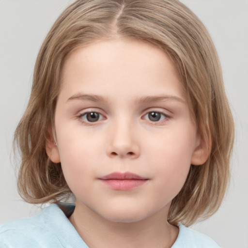 Neutral white child female with medium  brown hair and grey eyes