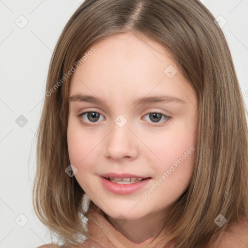 Joyful white child female with medium  brown hair and brown eyes