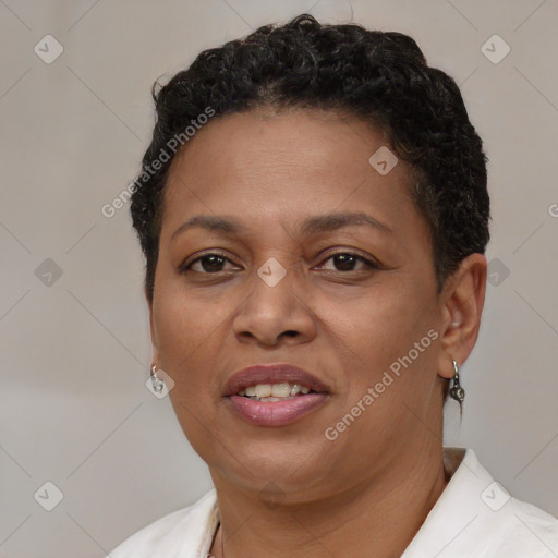 Joyful latino young-adult female with short  brown hair and brown eyes