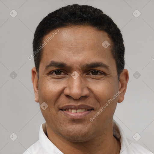 Joyful latino adult male with short  black hair and brown eyes