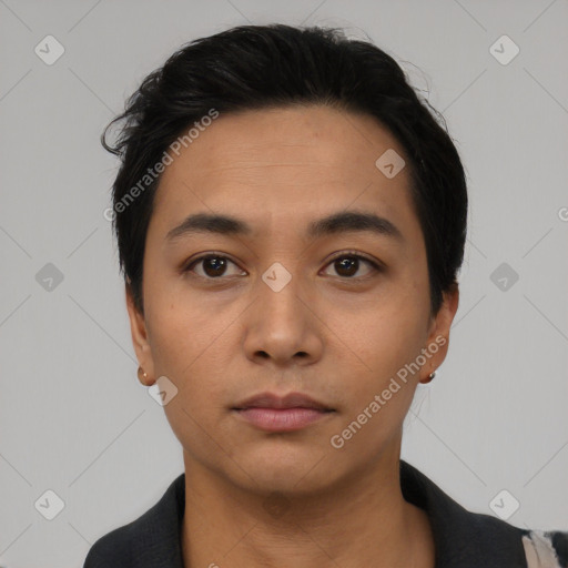 Neutral asian young-adult male with short  black hair and brown eyes