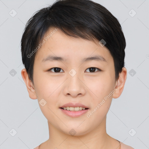 Joyful asian young-adult female with short  brown hair and brown eyes