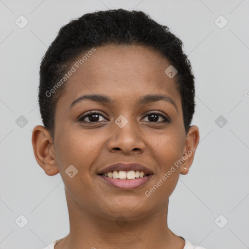 Joyful black young-adult female with short  brown hair and brown eyes