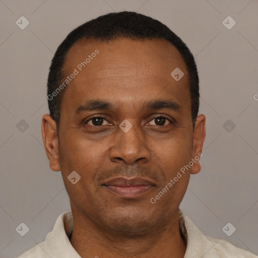 Neutral latino adult male with short  black hair and brown eyes