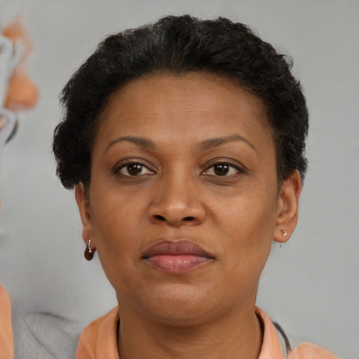 Joyful black adult female with short  brown hair and brown eyes