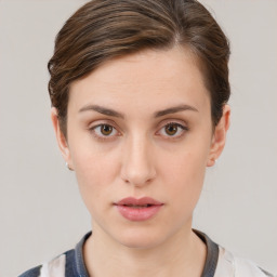 Neutral white young-adult female with short  brown hair and brown eyes