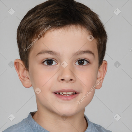 Joyful white child male with short  brown hair and brown eyes