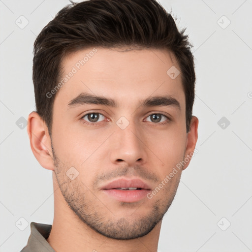 Neutral white young-adult male with short  brown hair and brown eyes