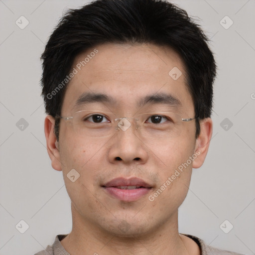 Neutral asian young-adult male with short  brown hair and brown eyes